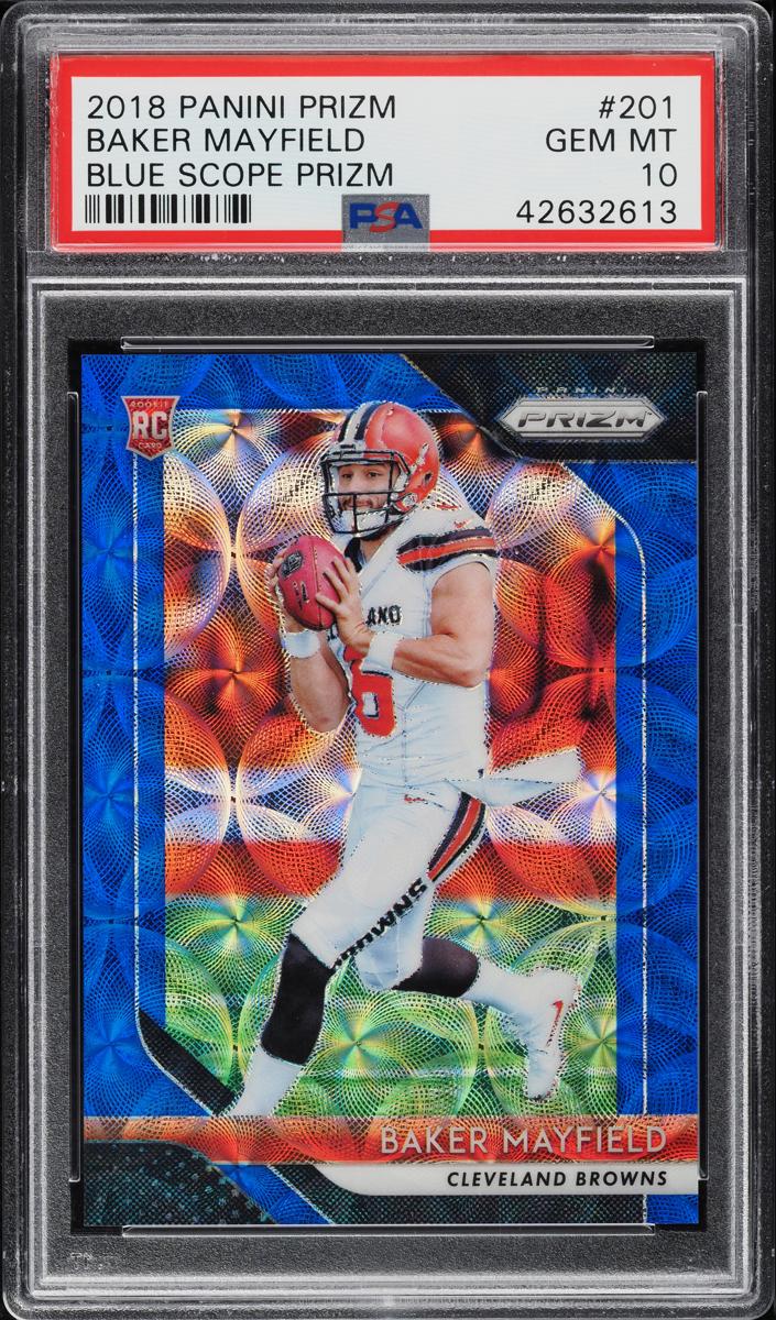 2018 Panini Prizm Football Blue Scope Baker Mayfield #201 PSA 10
