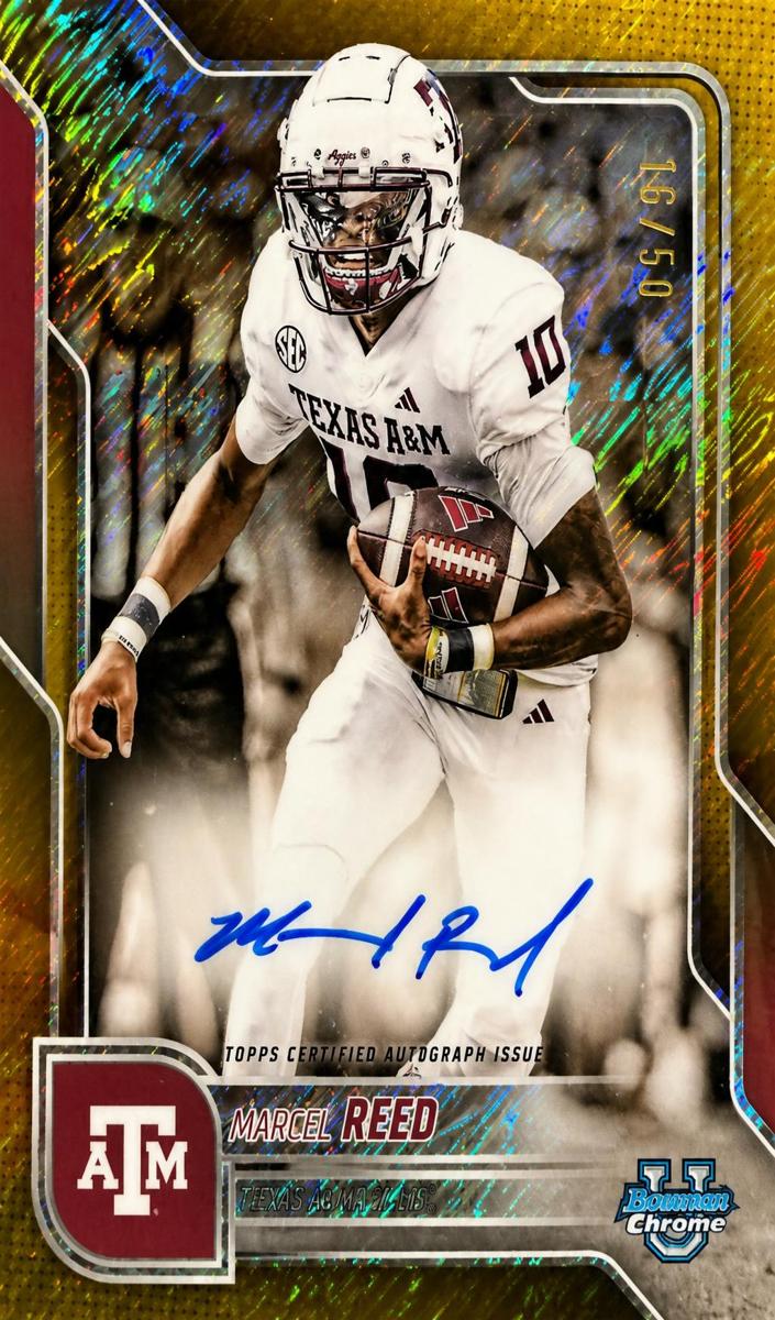 2025 Bowman Chrome University Football Gold Shimmer Refractor Marcel Reed #BCA-MRE