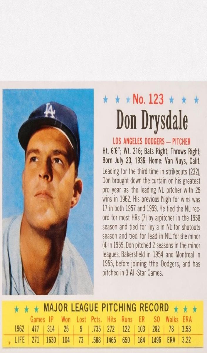 1963 Post Cereal Baseball Don Drysdale #123