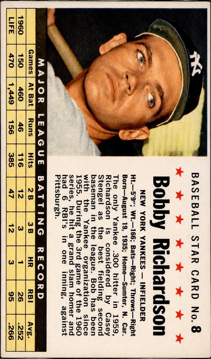 1961 Post Cereal Baseball Hand Cut Bobby Richardson #8 PSA 6.5