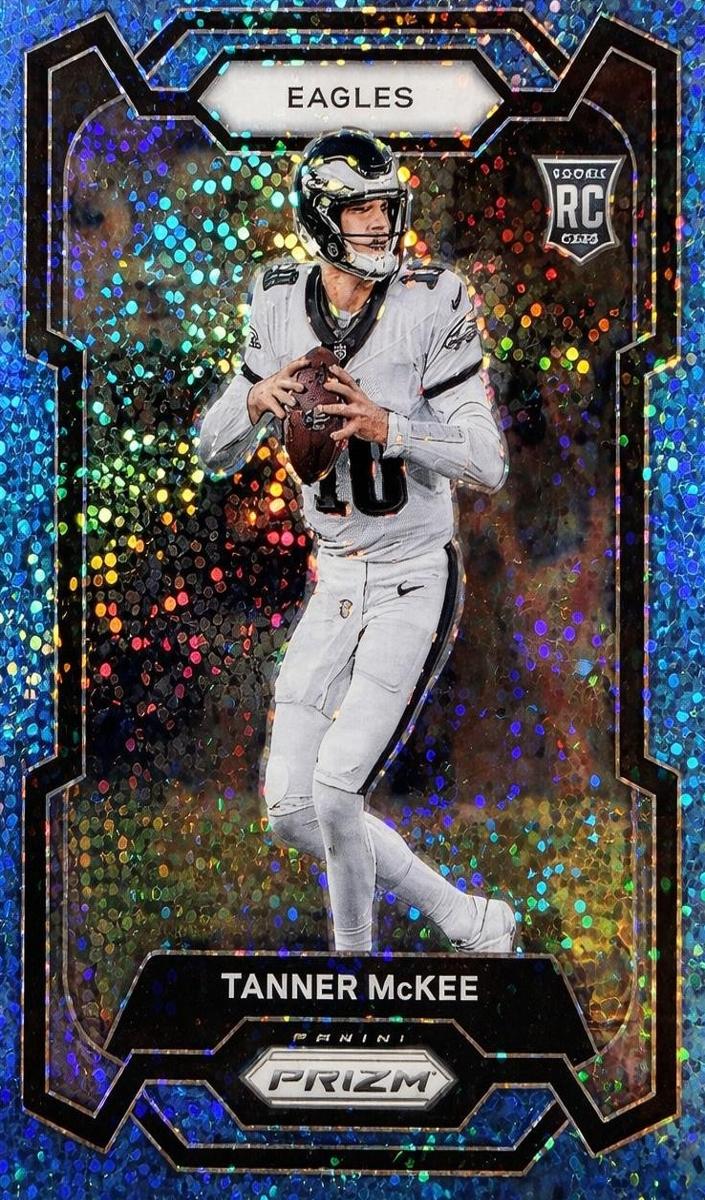 2023 Panini Prizm Football Blue Sparkle Tanner McKee #383 PSA 9