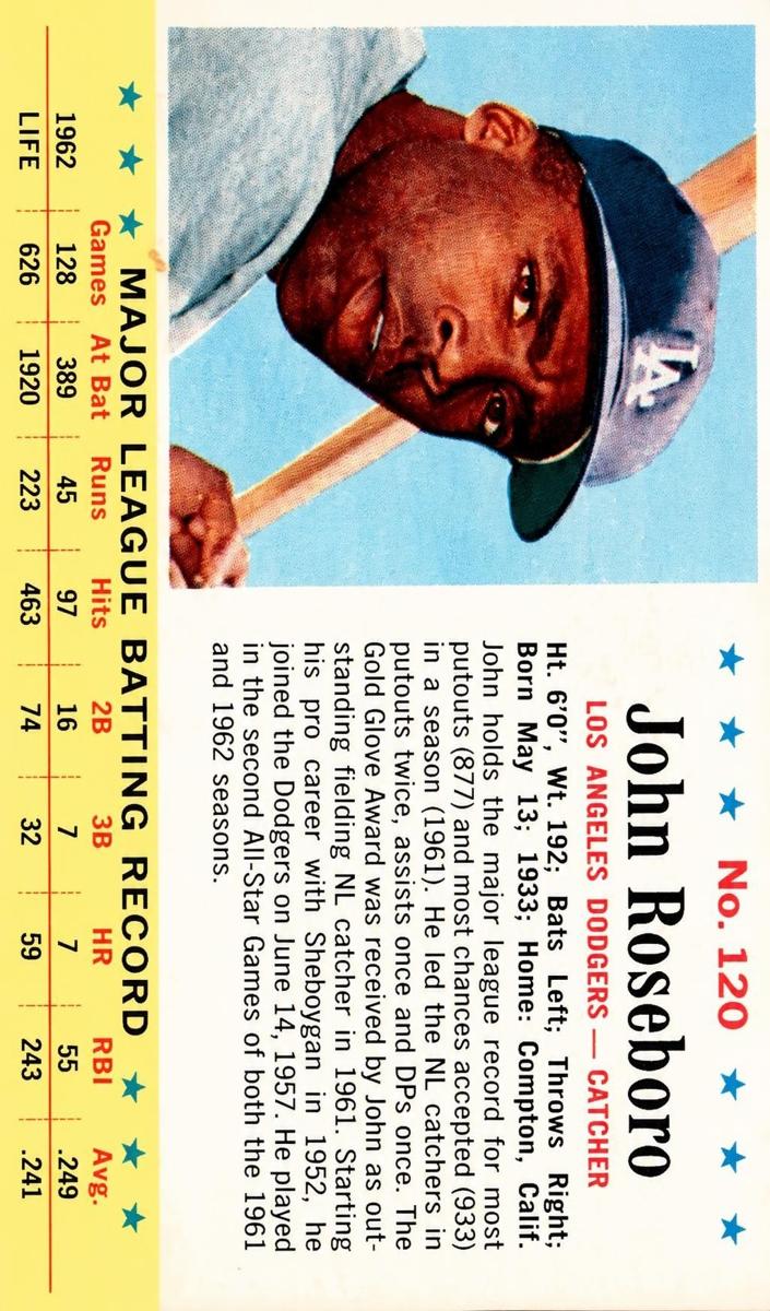 1963 Post Cereal Baseball John Roseboro #120 PSA 8