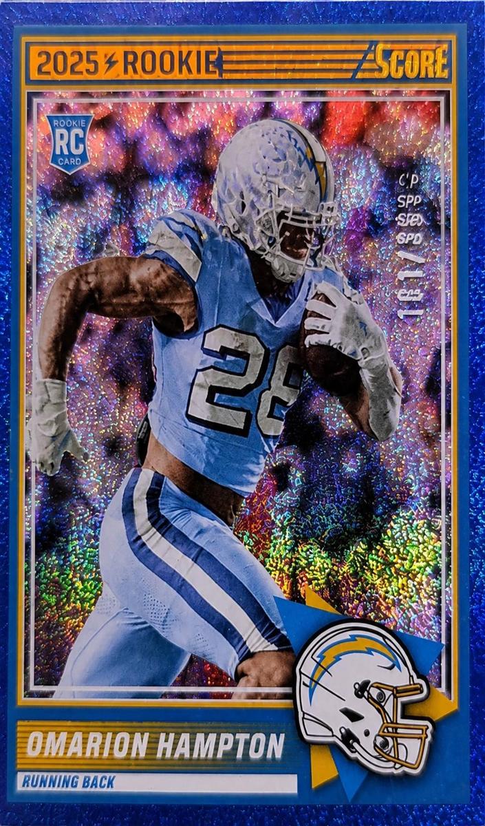 2025 Panini Score Football Dots Blue Omarion Hampton #37