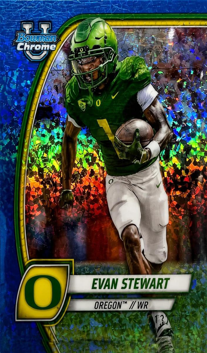 2024 Bowman Chrome University Football Blue Mini Diamond Refractor Evan Stewart #75