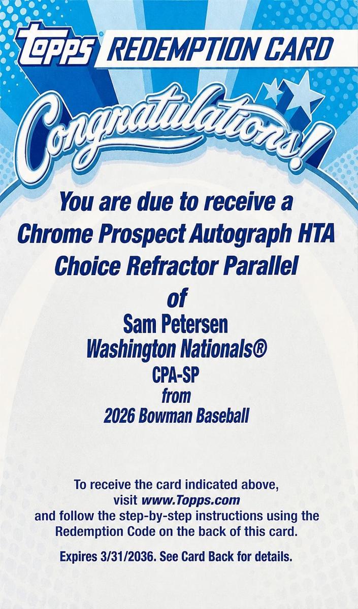 2026 Bowman Baseball HTA Choice Sam Petersen #CPA-SP