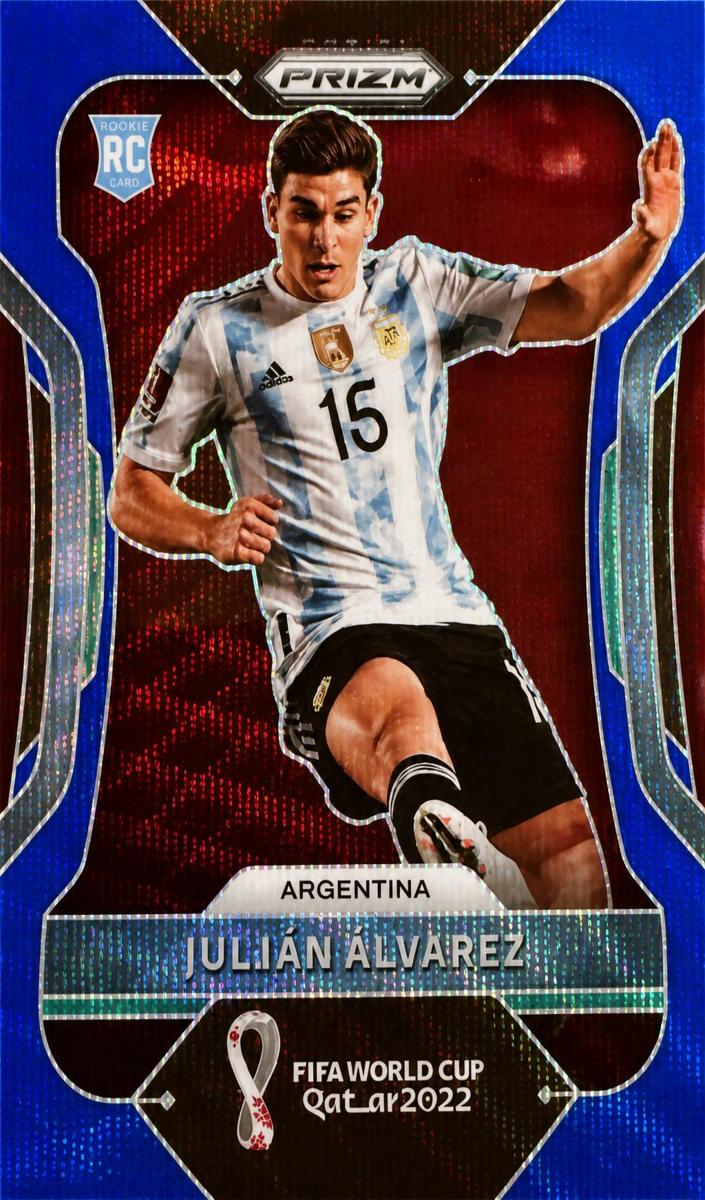 2022 Panini Prizm FIFA World Cup Qatar Soccer Prizms Blue Wave Julian Alvarez #4 PSA 8