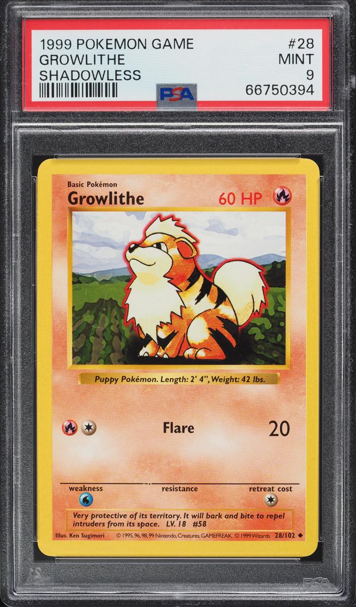 1999 Pokemon Base Set Shadowless Growlithe #28 PSA 9