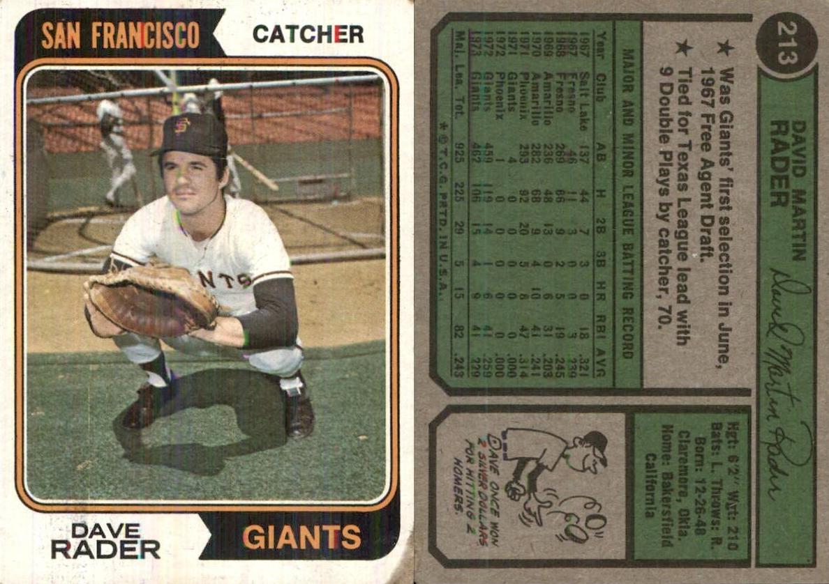 1974 Topps Baseball Dave Rader #213