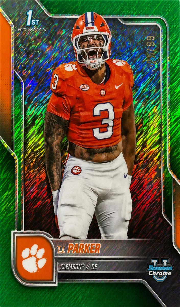2025 Bowman Chrome University Football Green Shimmer Refractor T.J. Parker #114