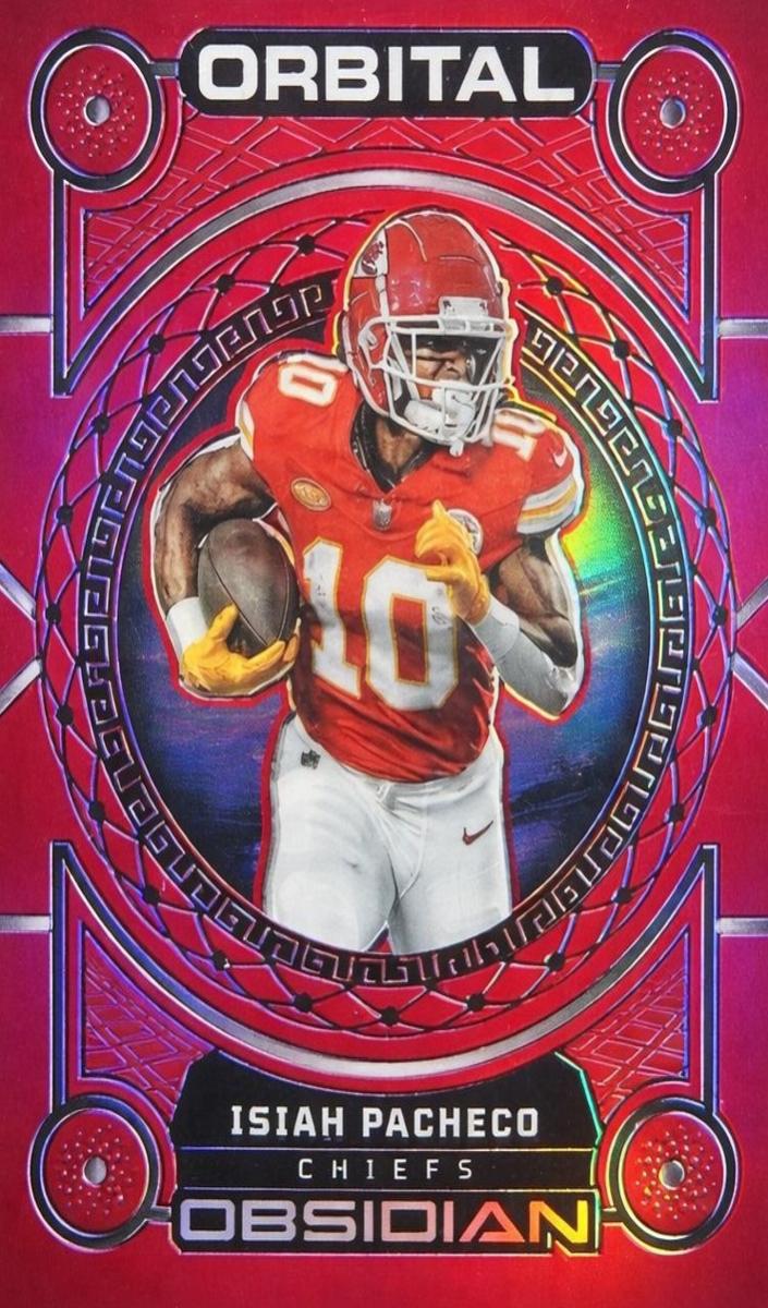 2023 Panini Obsidian Football Asia Electric Etch Red Flood Isiah Pacheco #11 PSA 10