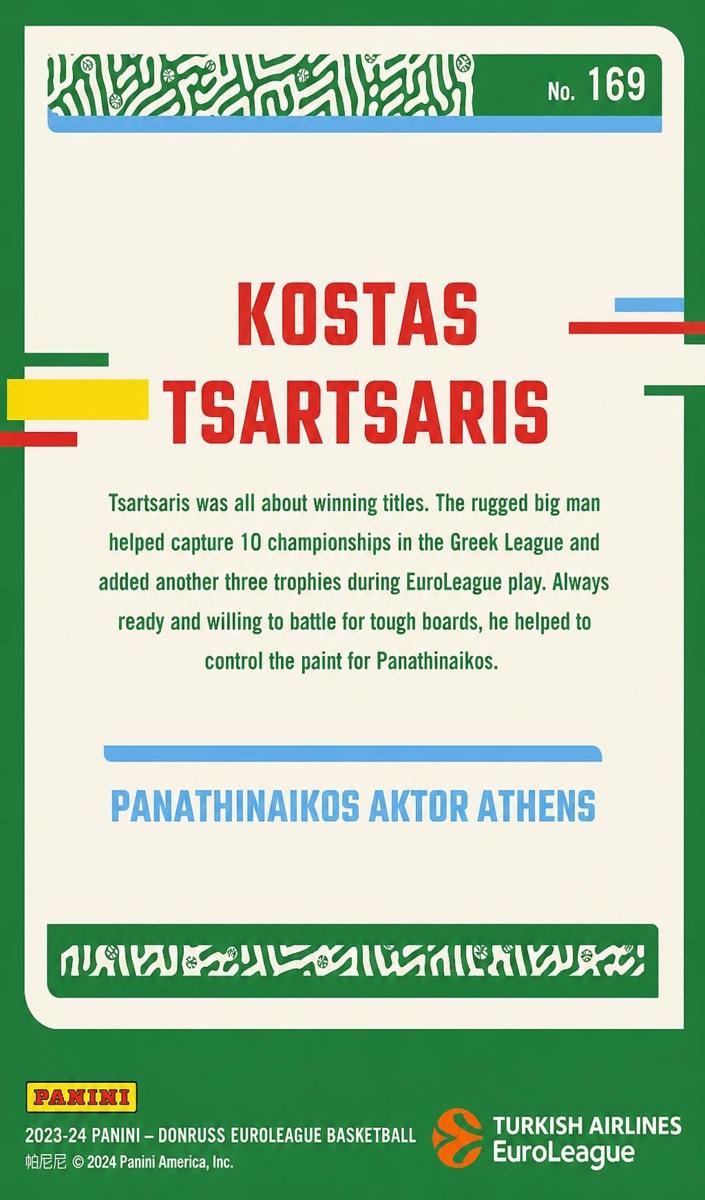 2023 Donruss Turkish Airlines EuroLeague Basketball Neon Green Flood Kostas Tsartsaris #169