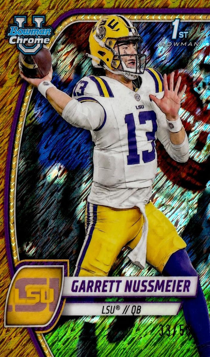 2024 Bowman Chrome University Football Shimmer Gold Refractor Garrett Nussmeier #5