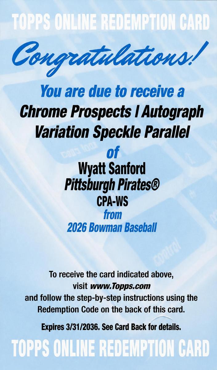 2026 Bowman Baseball Speckle Refractor Wyatt Sanford #CPA-WS