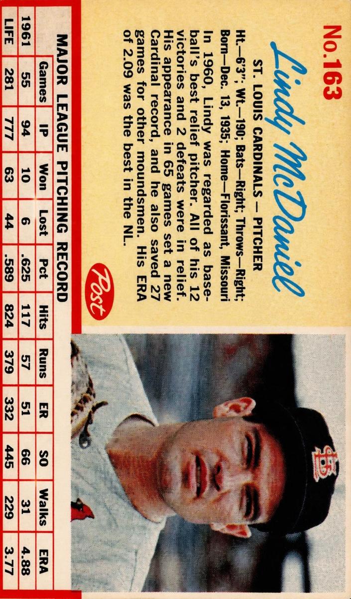 1962 Post Cereal Baseball Lindy McDaniel #163