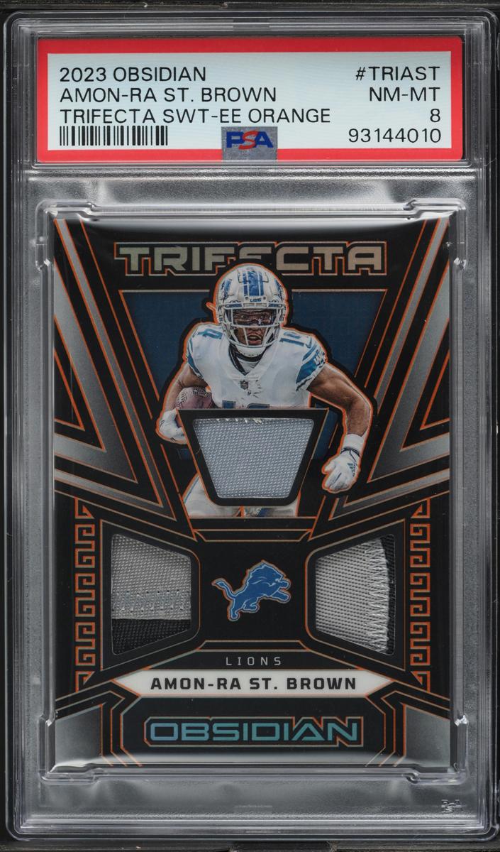 2023 Panini Obsidian Football Electric Etch Orange Amon-Ra St. Brown #TRI-AST PSA 8