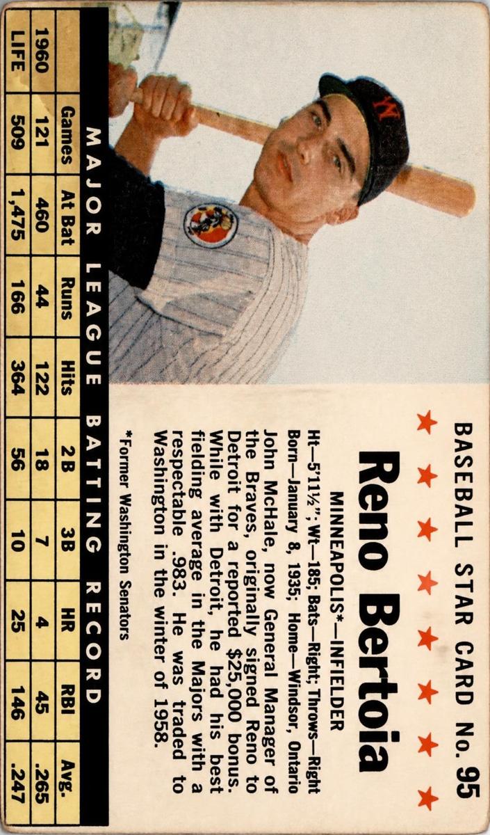 1961 Post Cereal Baseball Hand Cut Reno Bertoia #95 PSA 5
