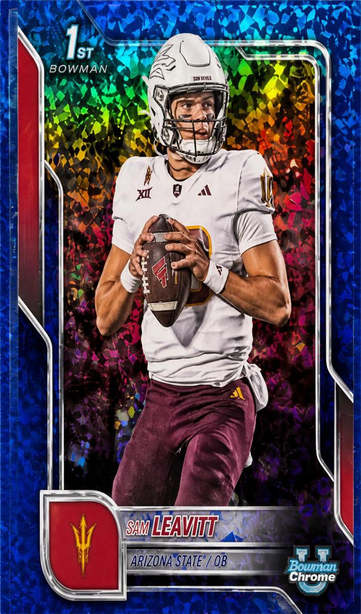 2025 Bowman Chrome University Football Blue Mini-Diamond Refractor Sam Leavitt #195