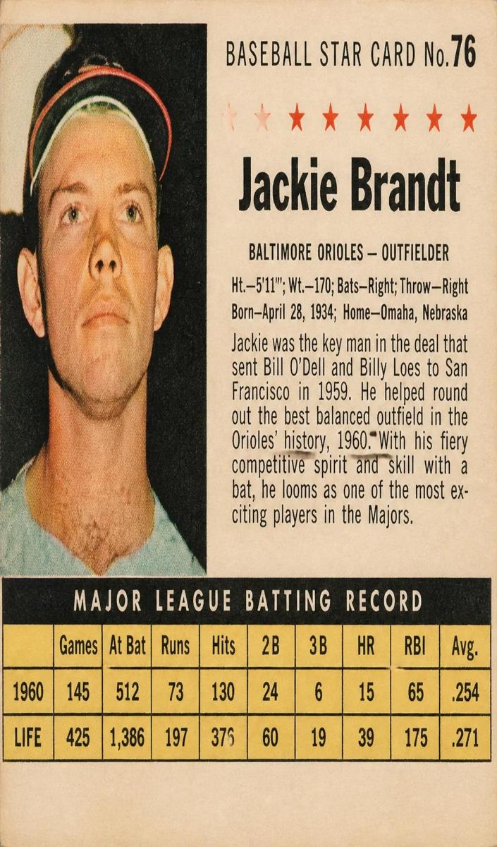1961 Post Cereal Baseball Perforated Jackie Brandt #76 PSA 9