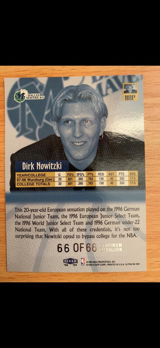 1998 Fleer Ultra Basketball Platinum Medallion Dirk Nowitzki #118P