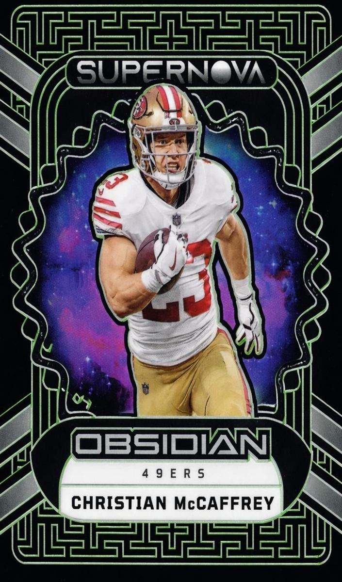 2023 Panini Obsidian Football Electric Etch Green Christian McCaffrey #15 PSA 9