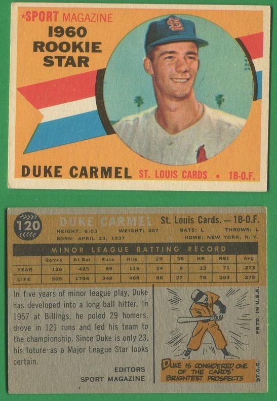 1960 Topps Baseball Rookie Star Duke Carmel #120 PSA 3.5