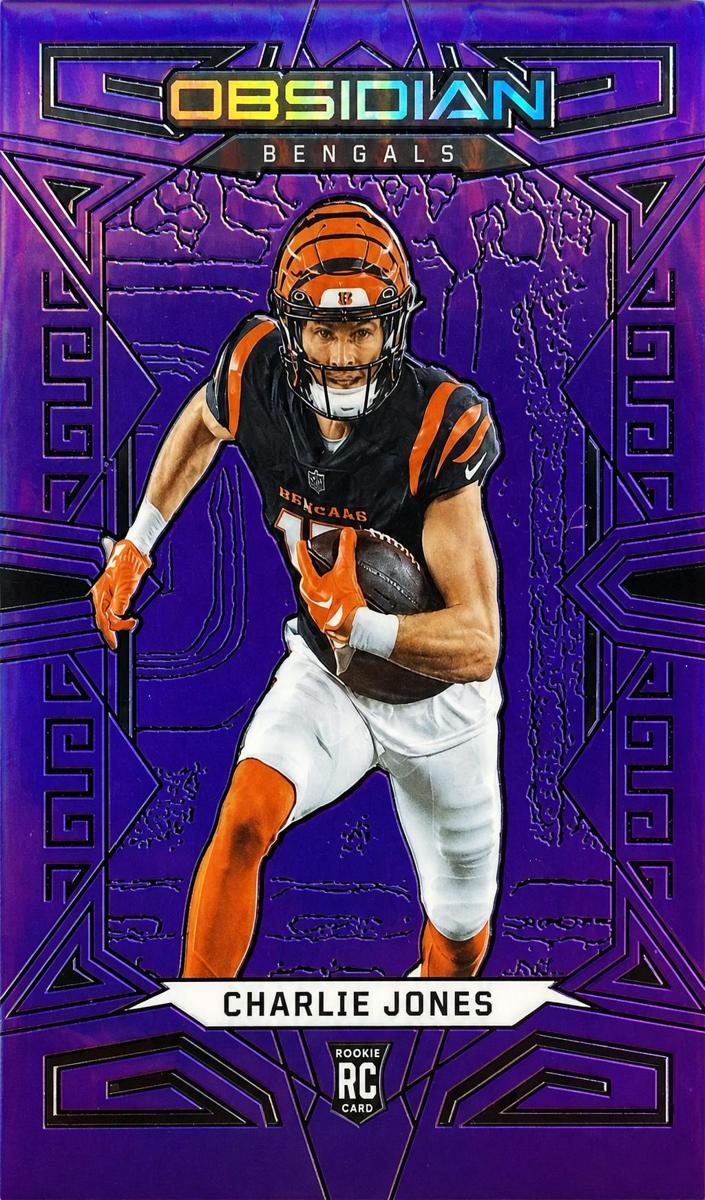 2023 Panini Obsidian Football Electric Etch Purple Flood FOTL Charlie Jones #117