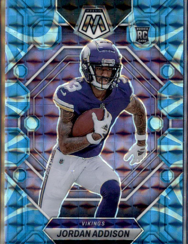2023 Panini Mosaic Football Reactive Blue Jordan Addison #337 PSA 8.5