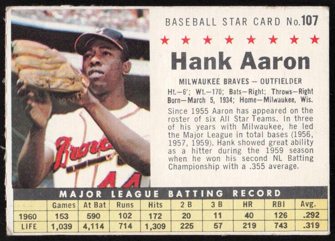 1961 Post Cereal Baseball Perforated Hank Aaron #107