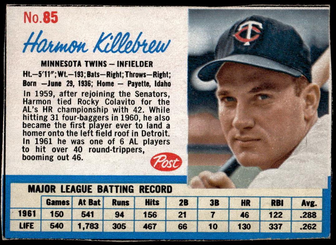 1962 Post Cereal Baseball Harmon Killebrew #85 PSA 7.5