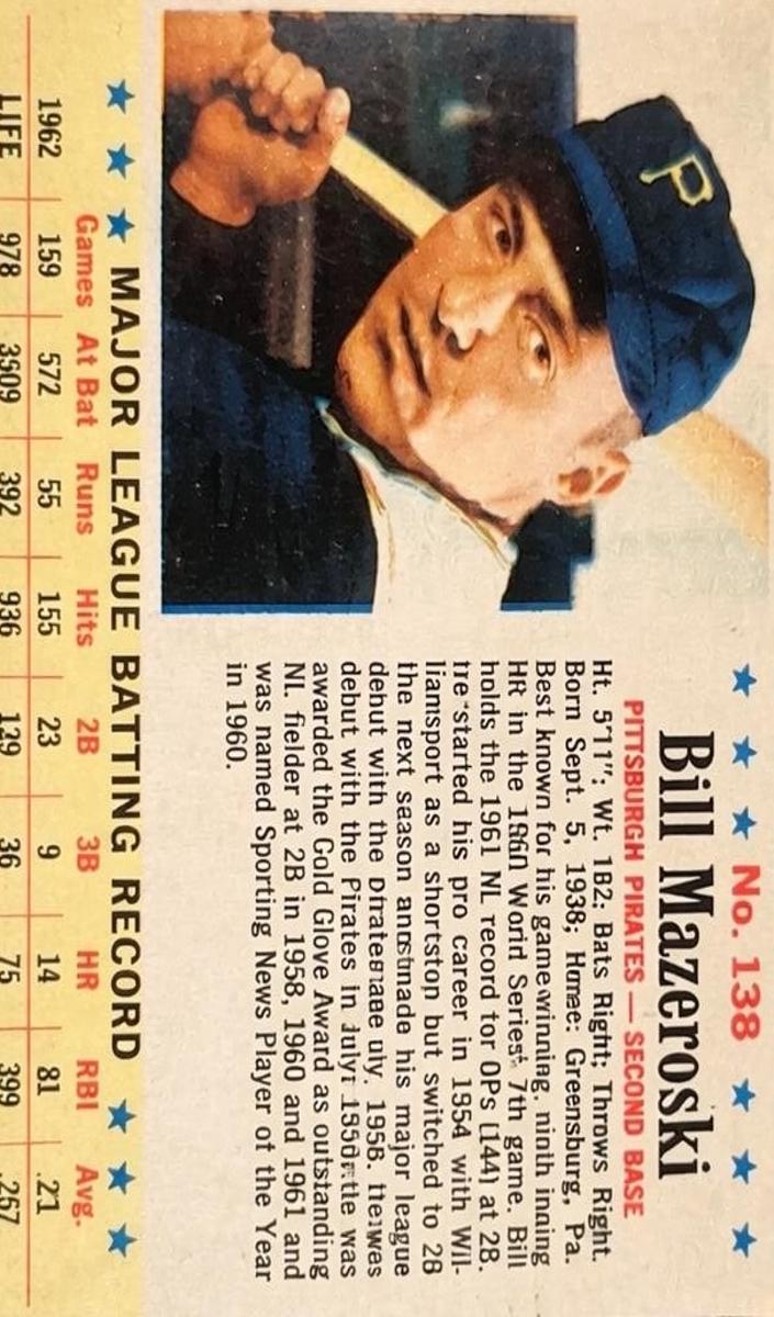 1963 Post Cereal Baseball Bill Mazeroski #138 PSA 3.5