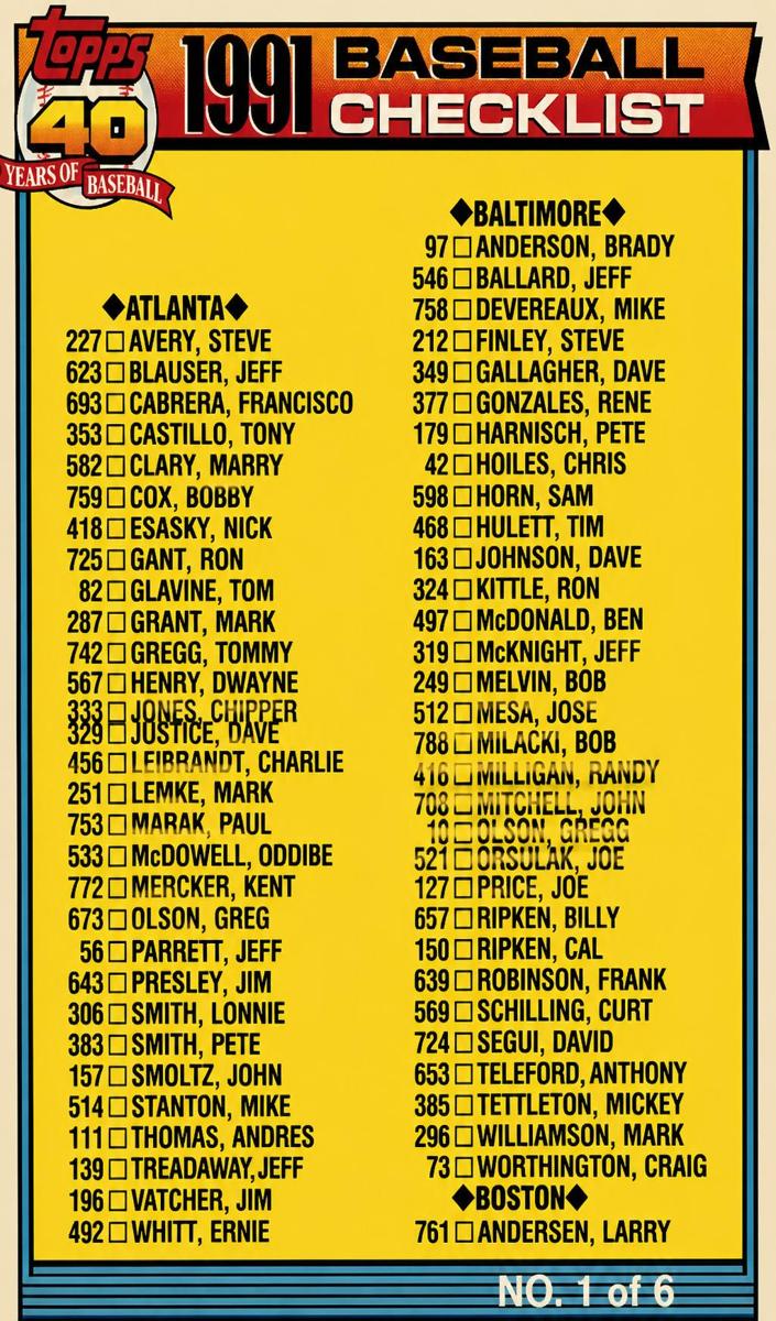 1991 Topps Baseball Checklist 1 #131 PSA 9