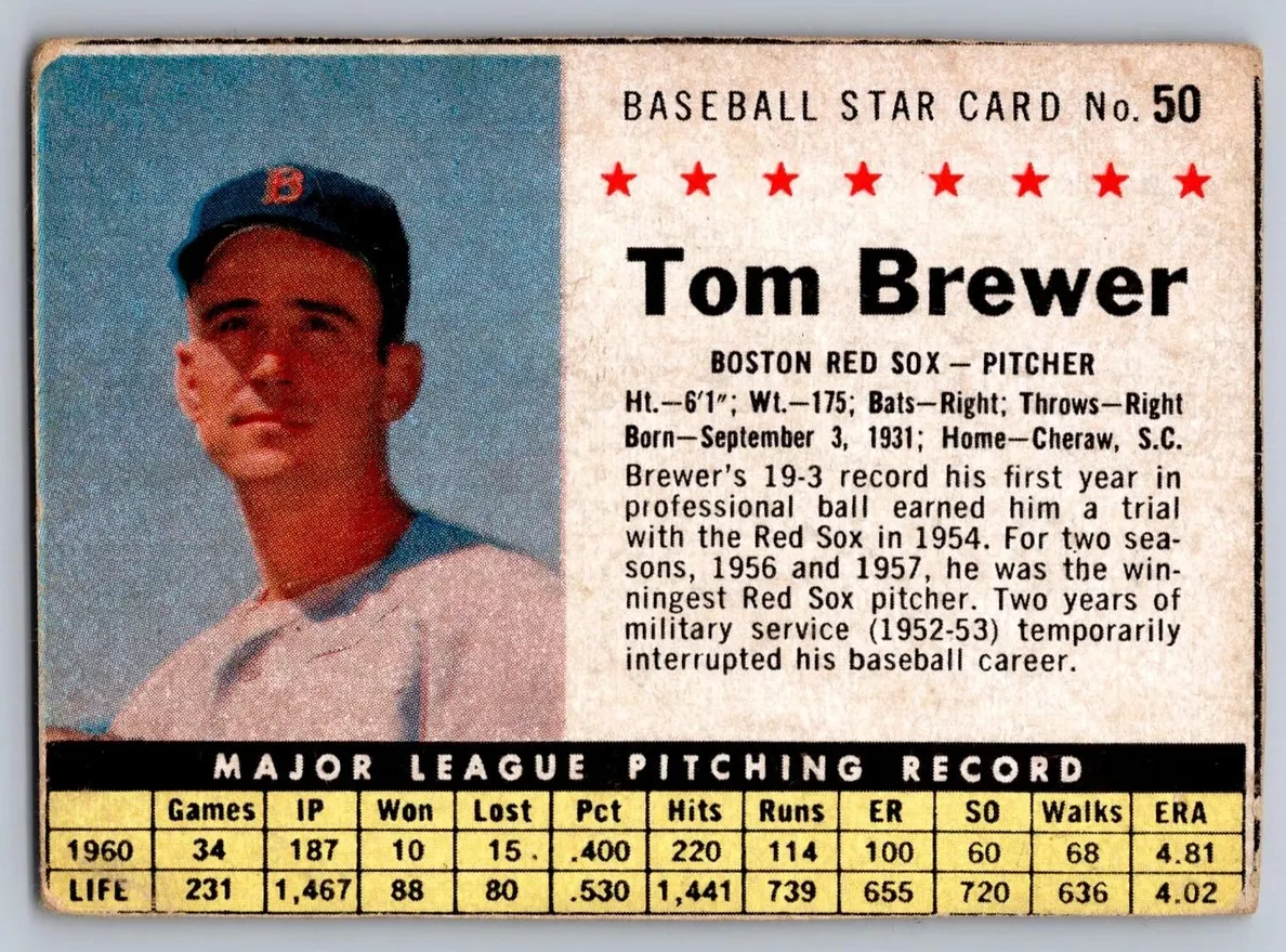 1961 Post Cereal Baseball Tom Brewer #50 PSA 9
