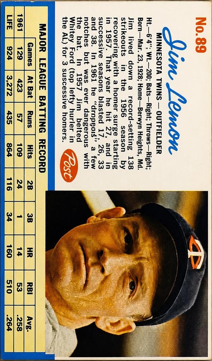 1962 Post Cereal Baseball Jim Lemon #89
