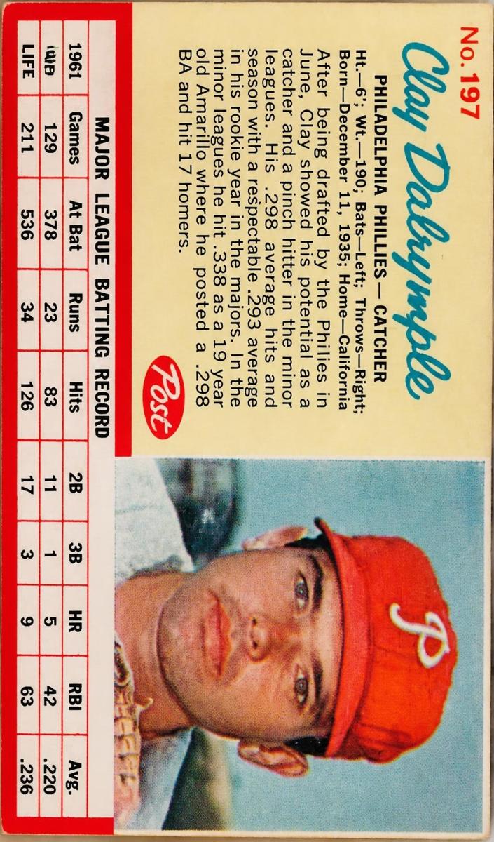 1962 Post Cereal Baseball Clay Dalrymple #197 PSA 5.5