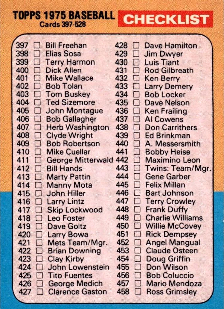 1975 O-Pee-Chee Baseball Checklist 397-528 #517 PSA 8
