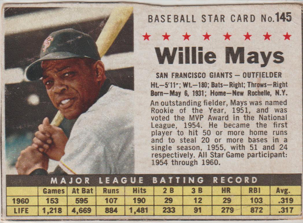 1961 Post Cereal Baseball Willie Mays #145 PSA 2