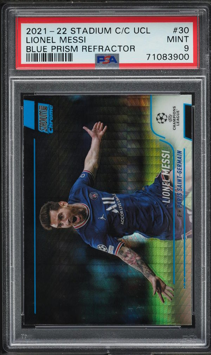 2021 Topps Stadium Club Chrome UEFA Champions League Soccer Blue Prism Lionel Messi #30 RAW Ungraded