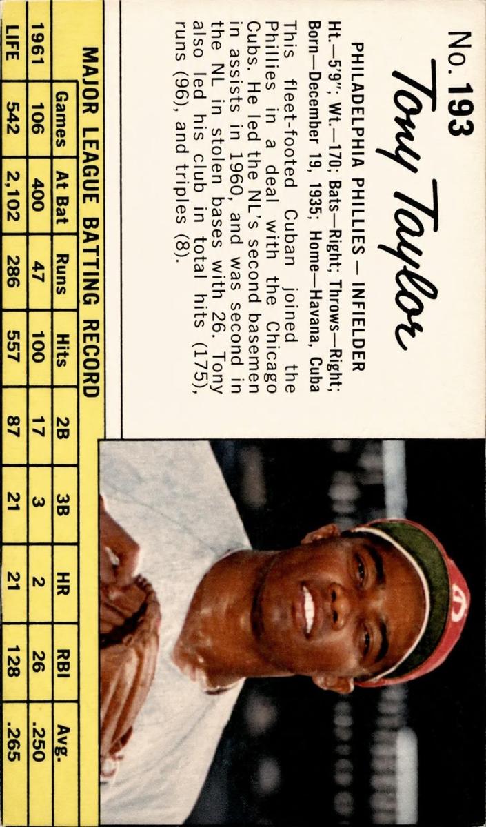 1962 Jell-O Baseball Hand Cut Tony Taylor #193