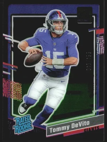 2023 Panini Clearly Donruss Football Purple Tommy DeVito #97 PSA 8