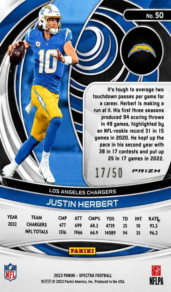 2023 Panini Spectra Football Neon Blue Die Cut Justin Herbert #50 SGC 9.5