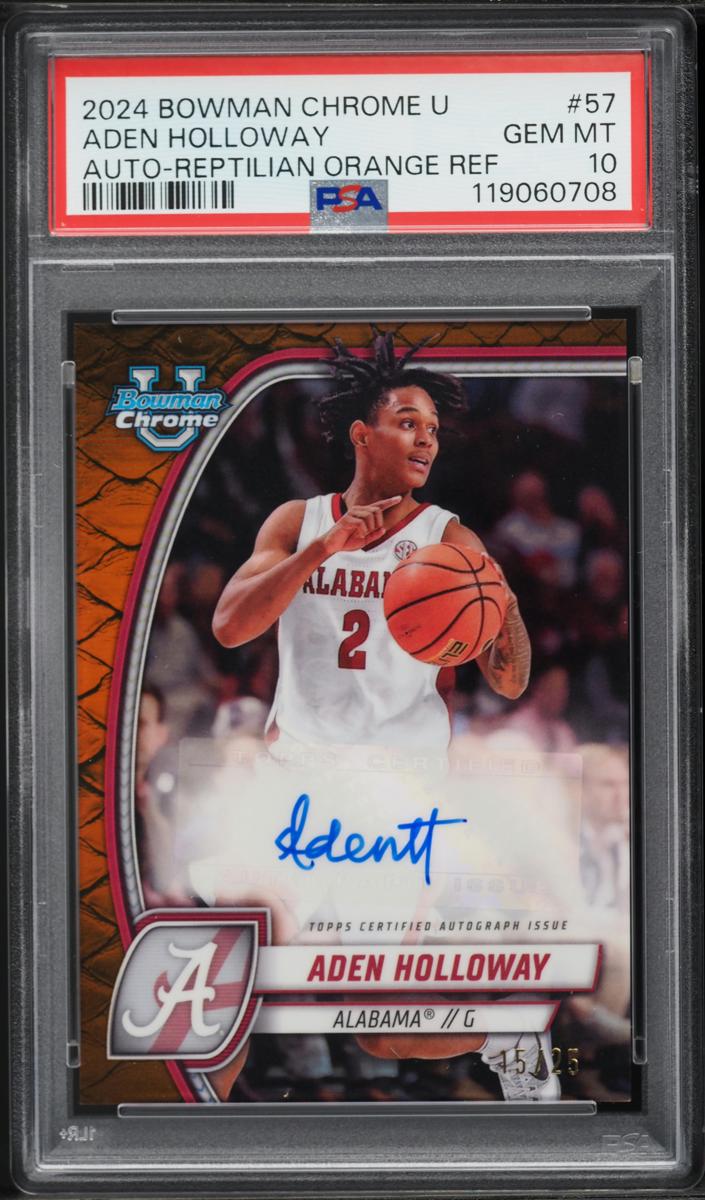 2024 Bowman Chrome University Basketball Reptilian Orange Refractor Aden Holloway #57 PSA 10