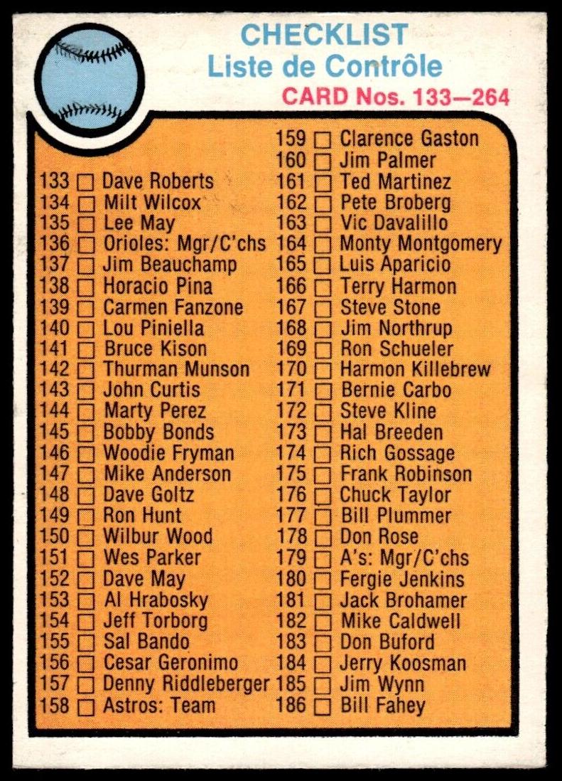1973 O-Pee-Chee Baseball Checklist 133-264 #264