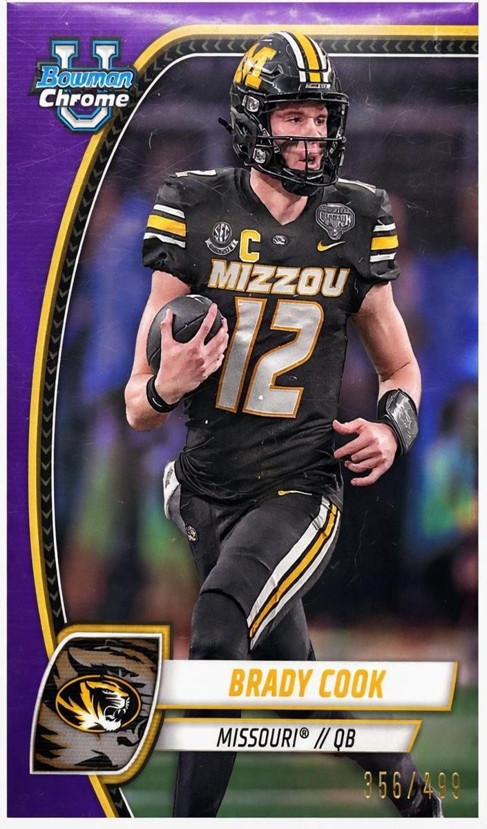 2024 Bowman Chrome University Football Purple Refractor Brady Cook #1 PSA 8