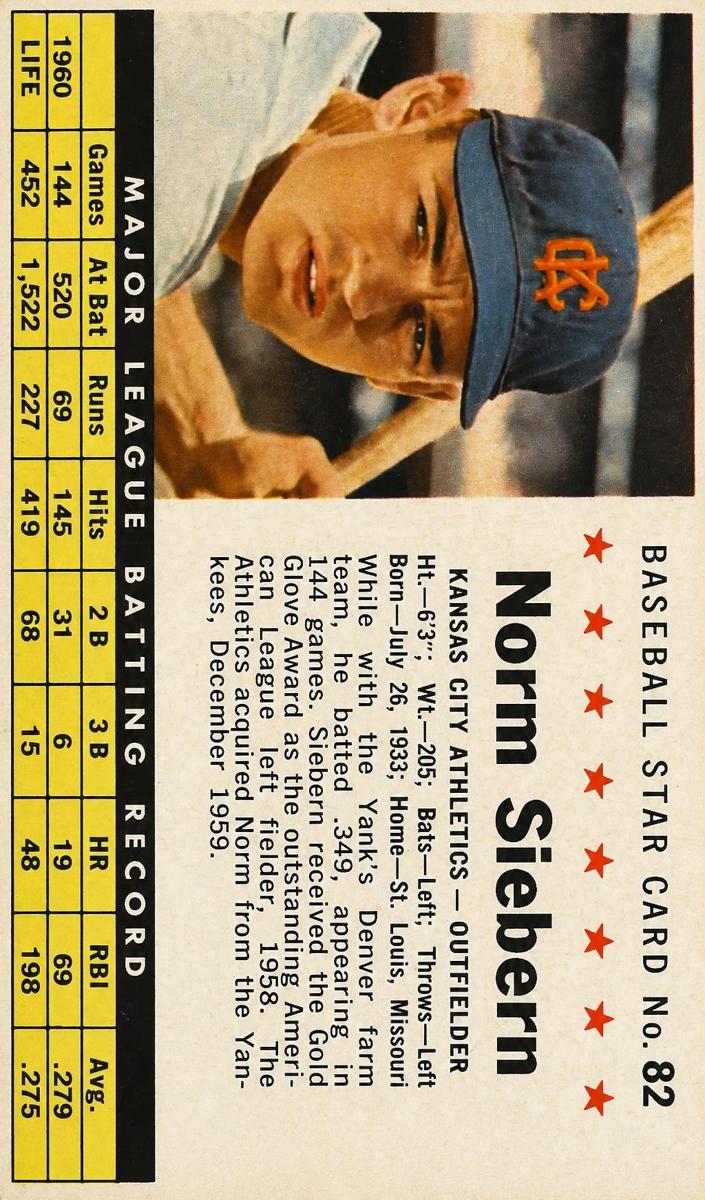 1961 Post Cereal Baseball Perforated Norm Siebern #82 PSA 6