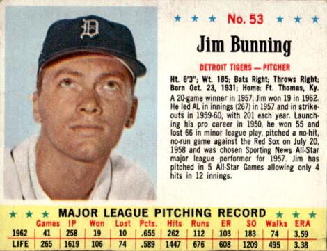 1963 Jell-O Baseball Jim Bunning #53