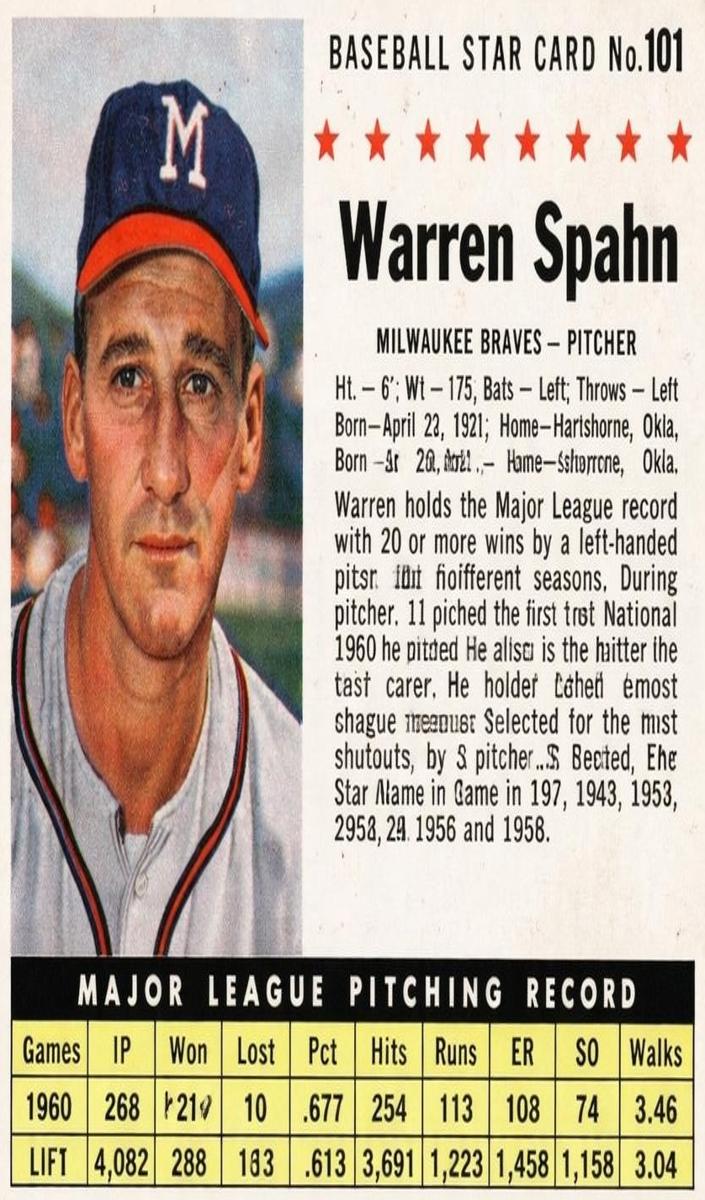 1961 Post Cereal Baseball Hand Cut Warren Spahn #101