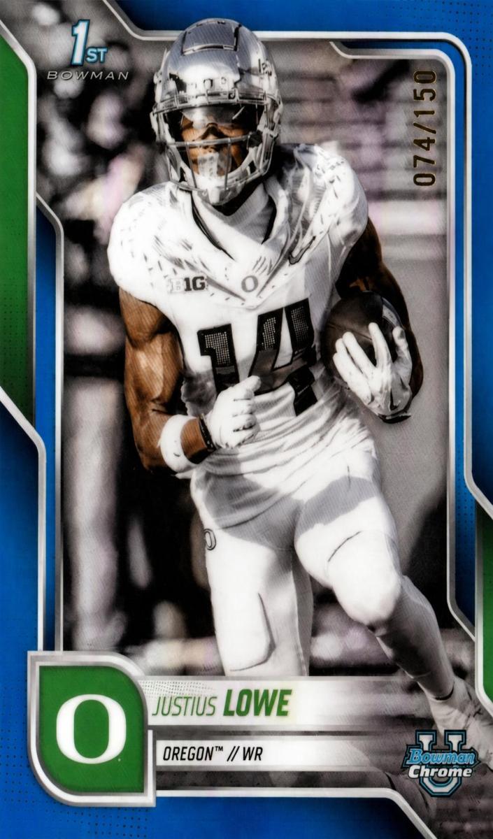 2025 Bowman Chrome University Football Blue Refractor Justius Lowe #166