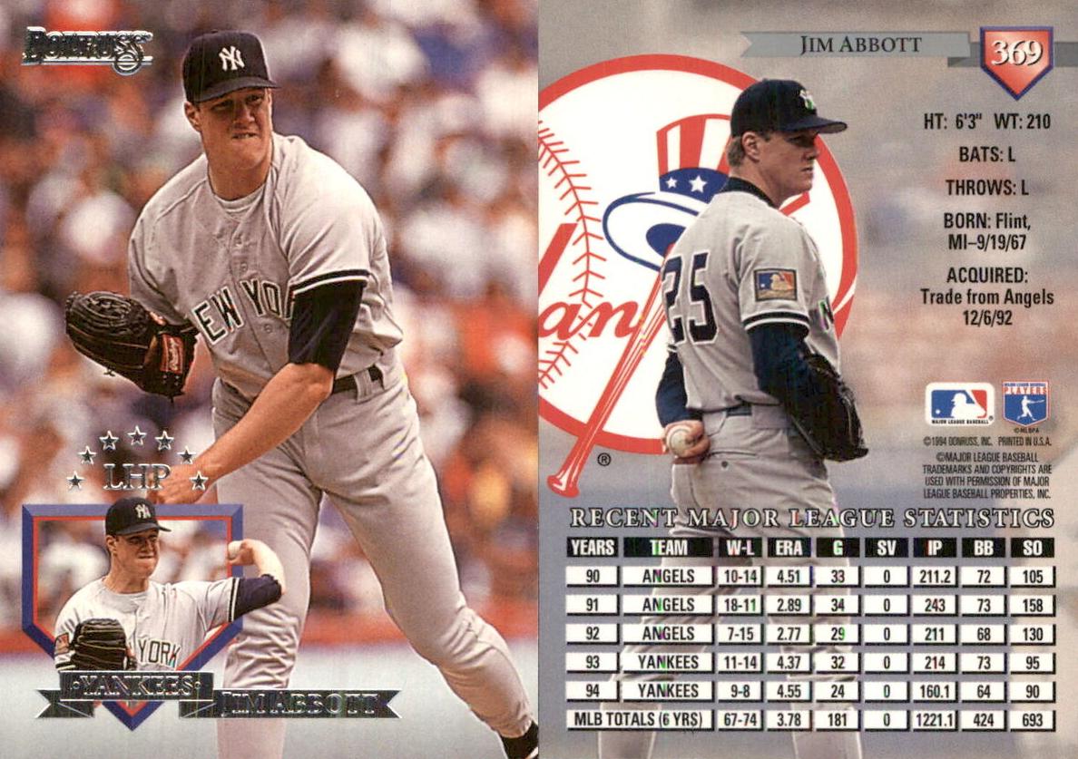 1995 Donruss Baseball Jim Abbott #369 PSA 8.5