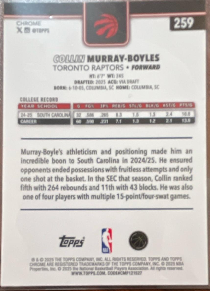 2025 Topps Chrome Sapphire Basketball Collin Murray-Boyles #259 PSA 9
