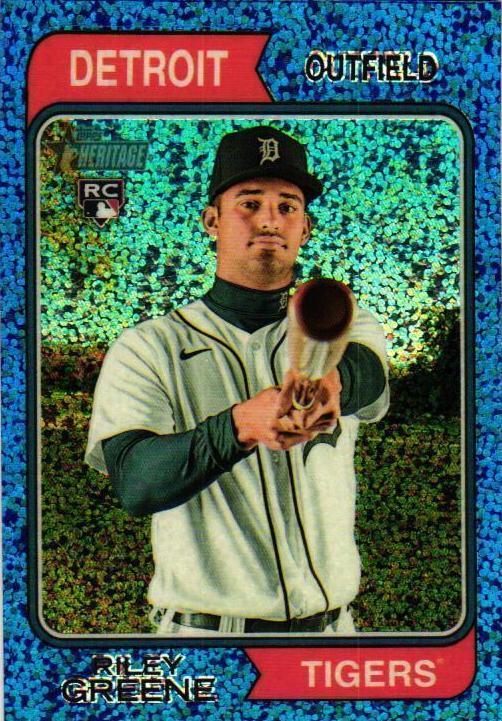 2023 Topps Heritage Baseball Blue Sparkle Riley Greene #48